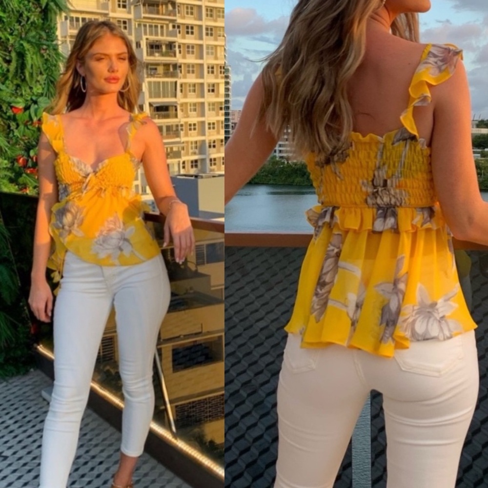 Misa Los Angeles Floral Smocked Chiffon Blouse S
